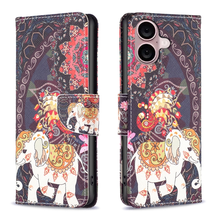 For iPhone 16 Colored Drawing Pattern Flip Leather Phone Case(Flowers Elephant)