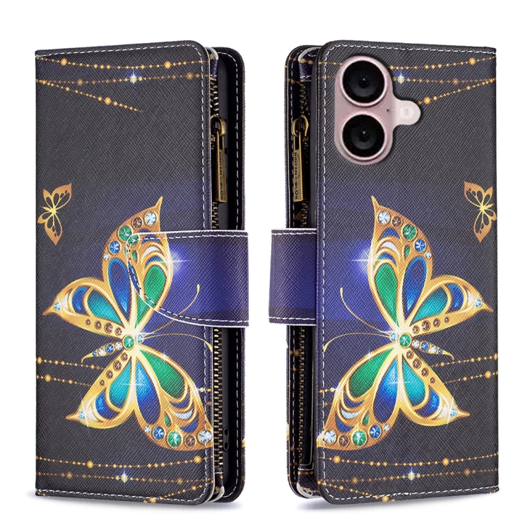 For iPhone 16 Colored Drawing Pattern Zipper Phone Leather Case(Big Butterfly)