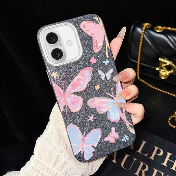 For iPhone 16 Colorful Butterflies Pattern IMD Glitter PC Hybrid TPU Phone Case(Black)