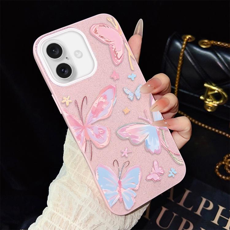For iPhone 16 Colorful Butterflies Pattern IMD Glitter PC Hybrid TPU Phone Case(Pink)