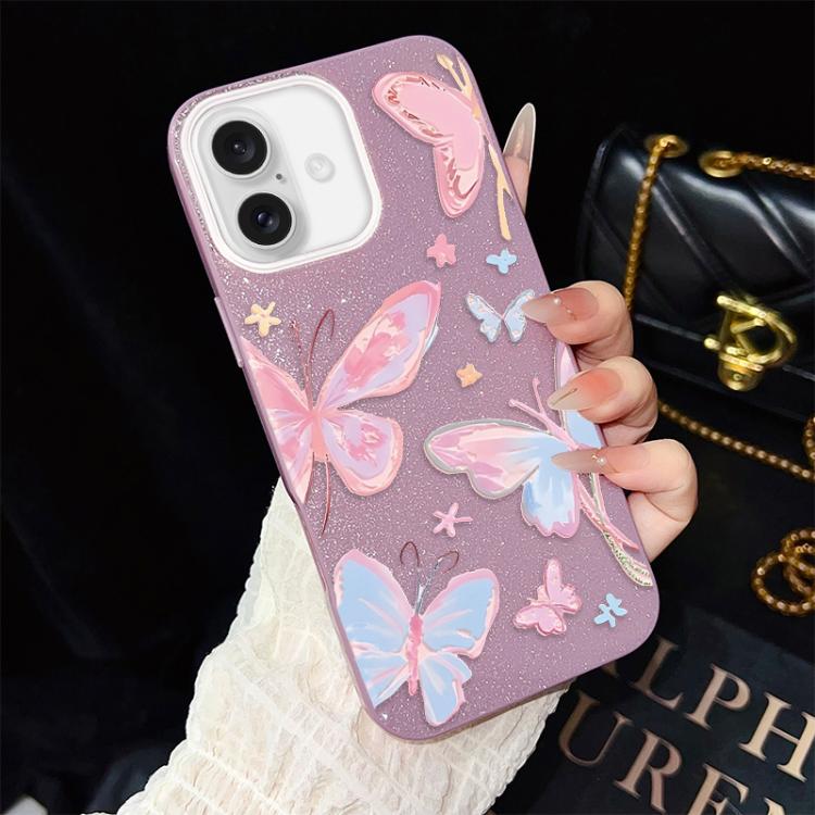 For iPhone 16 Colorful Butterflies Pattern IMD Glitter PC Hybrid TPU Phone Case(Purple)