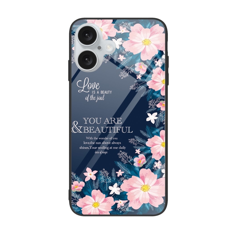 For iPhone 16 Colorful Painted Glass Phone Case(Flower)
