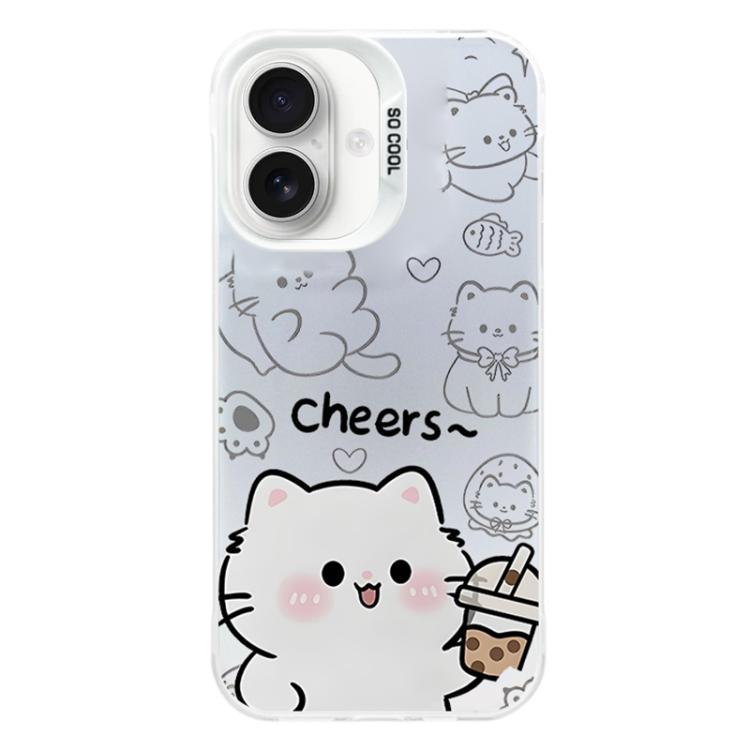 For iPhone 16 Colorful Silver Plated IMD Pattern PC Hybrid TPU Phone Case(White Cat)