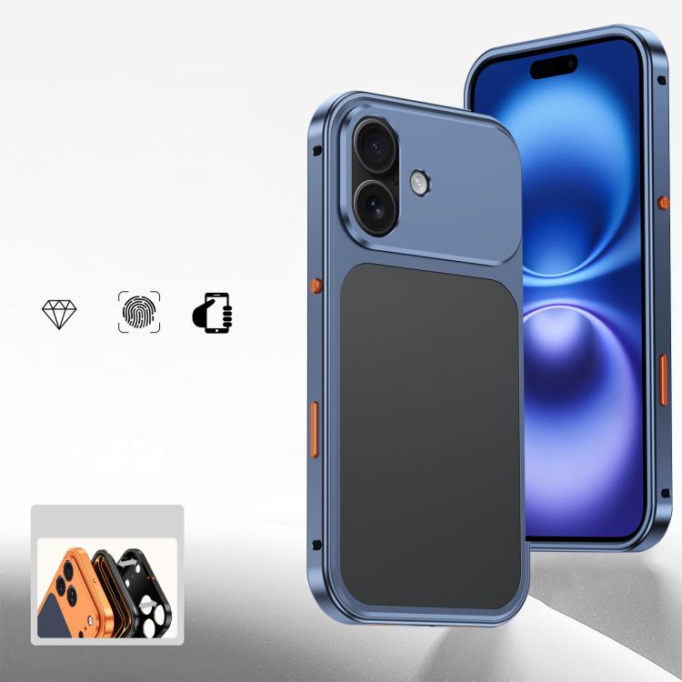 For iPhone 16 Cooling Spring Buckle Metal Frame Phone Case(Ttanium Blue)