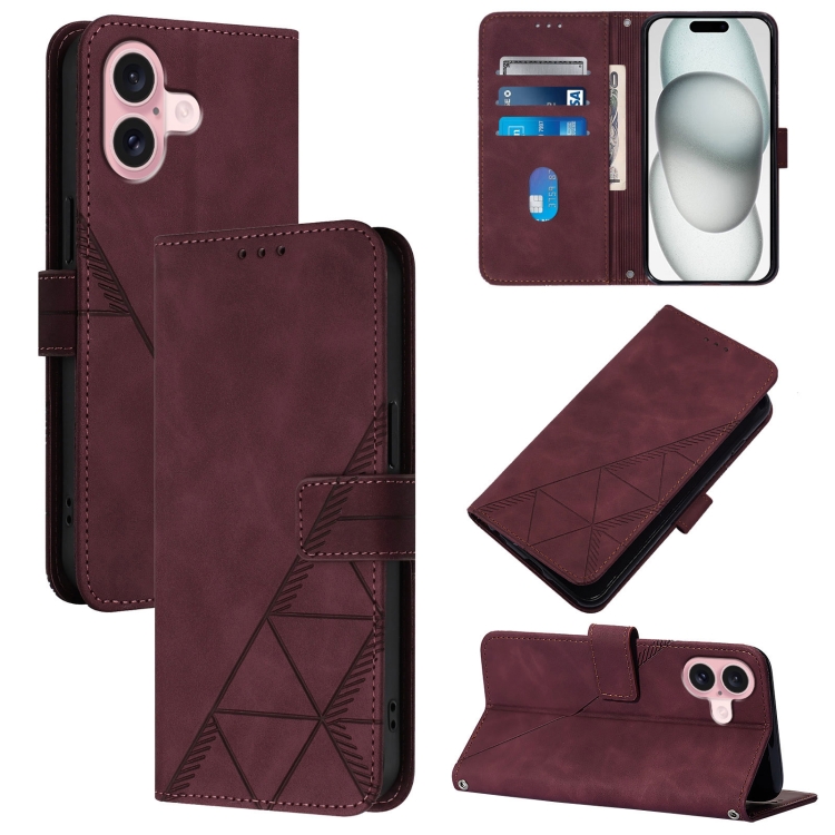 For iPhone 16 Crossbody 3D Embossed Flip Leather Phone Case(Wine Red)