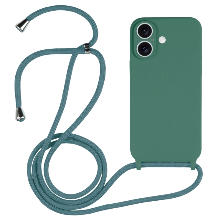 For iPhone 16 Crossbody Lanyard Liquid Silicone Case (Pine Needle Green)