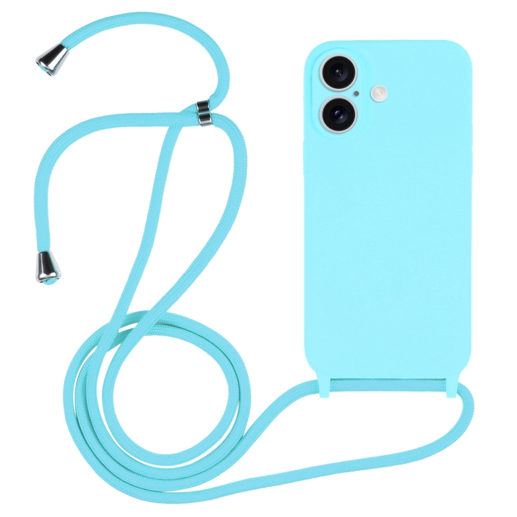 For iPhone 16 Crossbody Lanyard Liquid Silicone Case(Ice Blue)