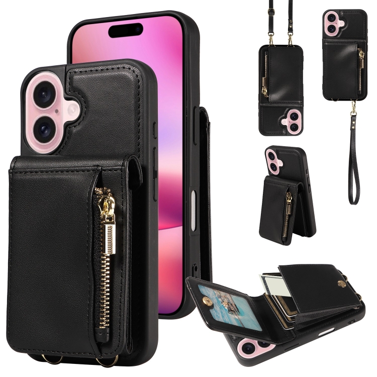 For iPhone 16 Crossbody Lanyard Zipper Wallet Leather Phone Case(Black)