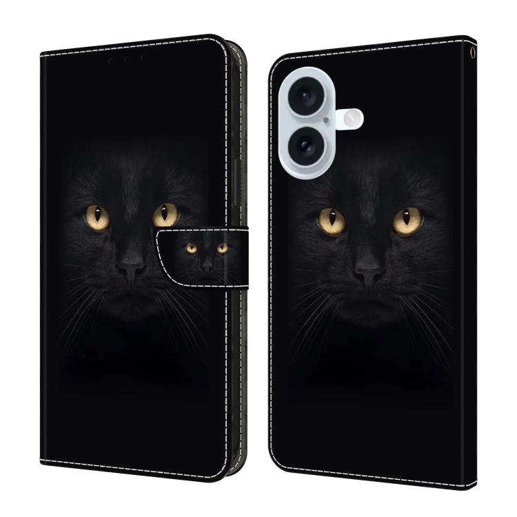 For iPhone 16 Crystal-Like Painted Vegan Leather Phone Case(Black Cat)