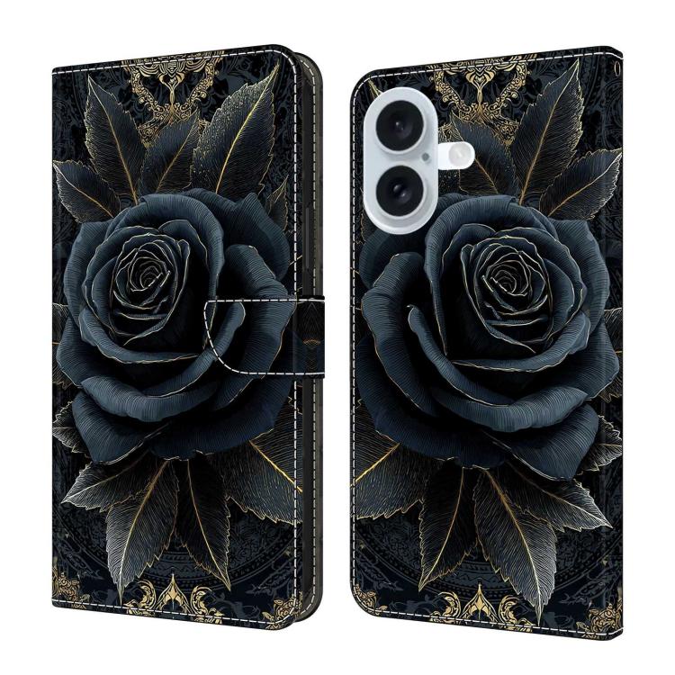For iPhone 16 Crystal-Like Painted Vegan Leather Phone Case(Black Gold Rose)