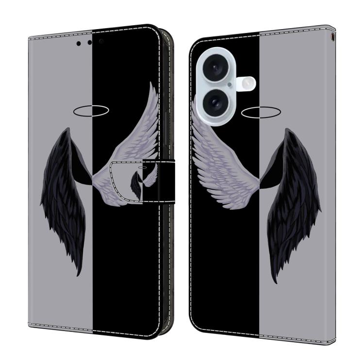 For iPhone 16 Crystal-Like Painted Vegan Leather Phone Case(Black White Wings)