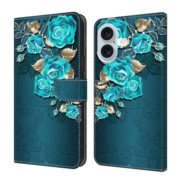 For iPhone 16 Crystal-Like Painted Vegan Leather Phone Case(Blue Rose)