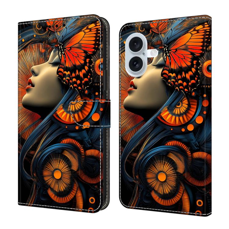 For iPhone 16 Crystal-Like Painted Vegan Leather Phone Case(Butterfly Girl)
