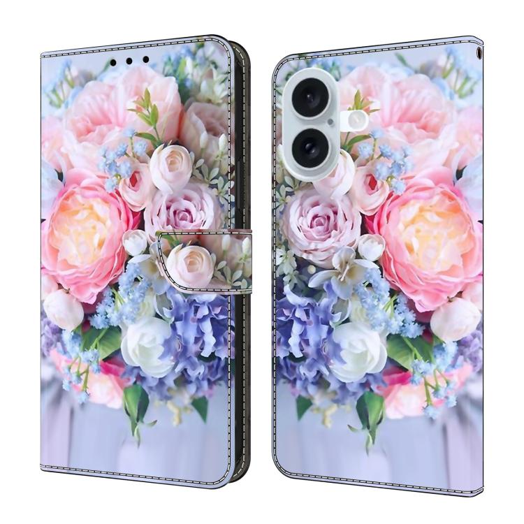 For iPhone 16 Crystal-Like Painted Vegan Leather Phone Case(Colorful Flowers)