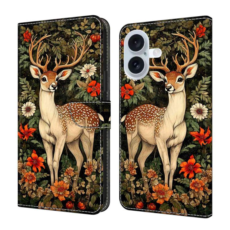 For iPhone 16 Crystal-Like Painted Vegan Leather Phone Case(Deer Flower Bushes)