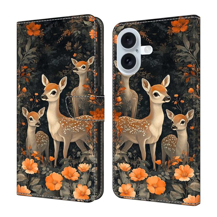 For iPhone 16 Crystal-Like Painted Vegan Leather Phone Case(Deer Herd)
