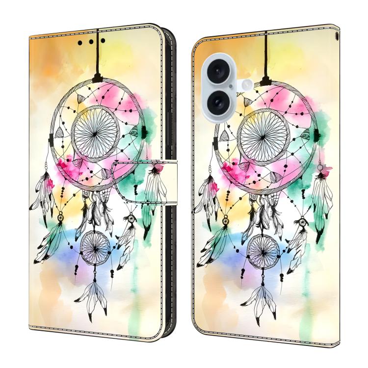 For iPhone 16 Crystal-Like Painted Vegan Leather Phone Case(Feather Dreamcatcher)