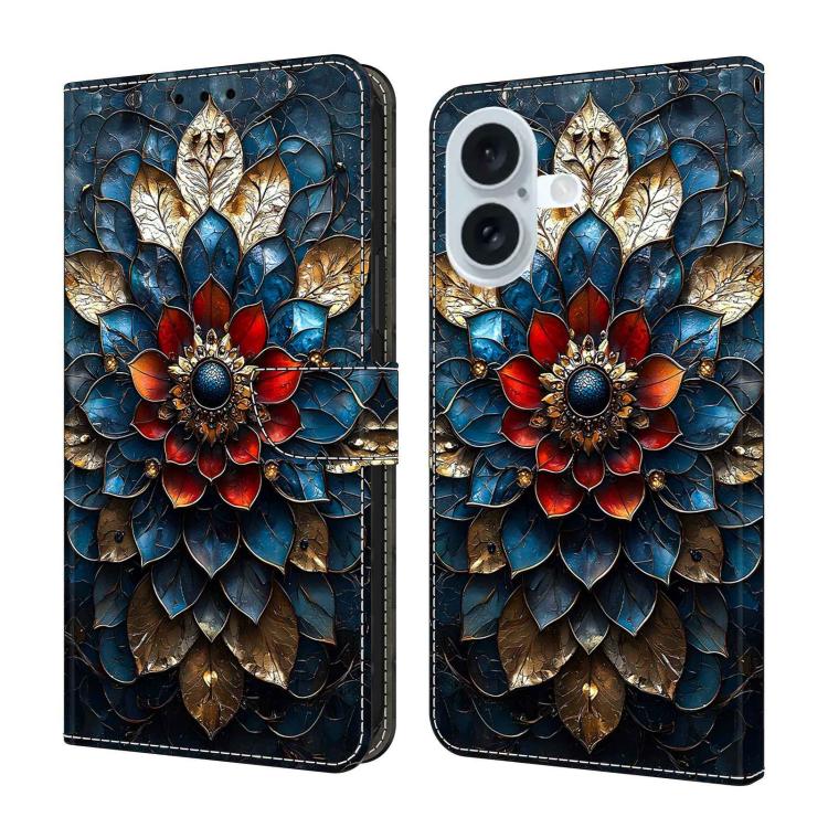 For iPhone 16 Crystal-Like Painted Vegan Leather Phone Case(Glass Flower)