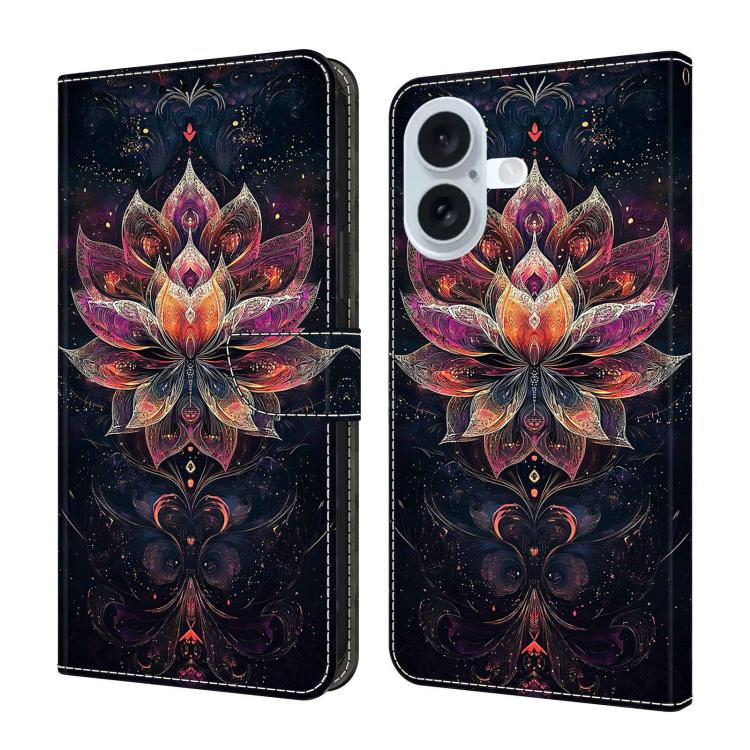 For iPhone 16 Crystal-Like Painted Vegan Leather Phone Case(Golden Lotus Flower)
