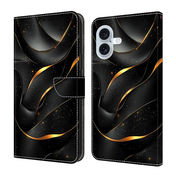 For iPhone 16 Crystal-Like Painted Vegan Leather Phone Case(Golden Ribbon)