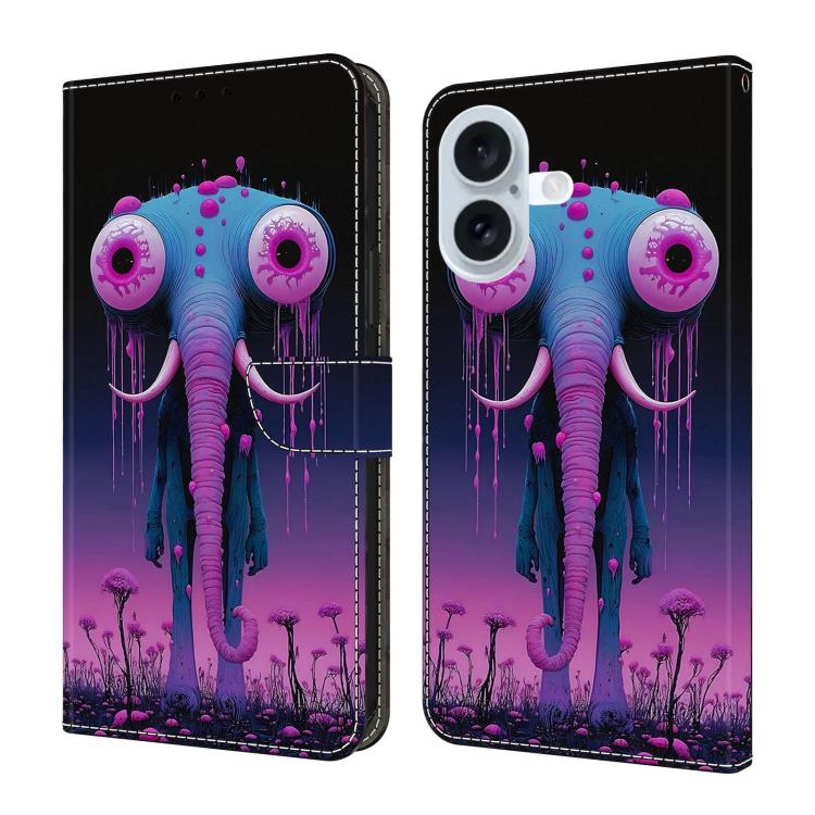 For iPhone 16 Crystal-Like Painted Vegan Leather Phone Case(Long Nosed Elephant)