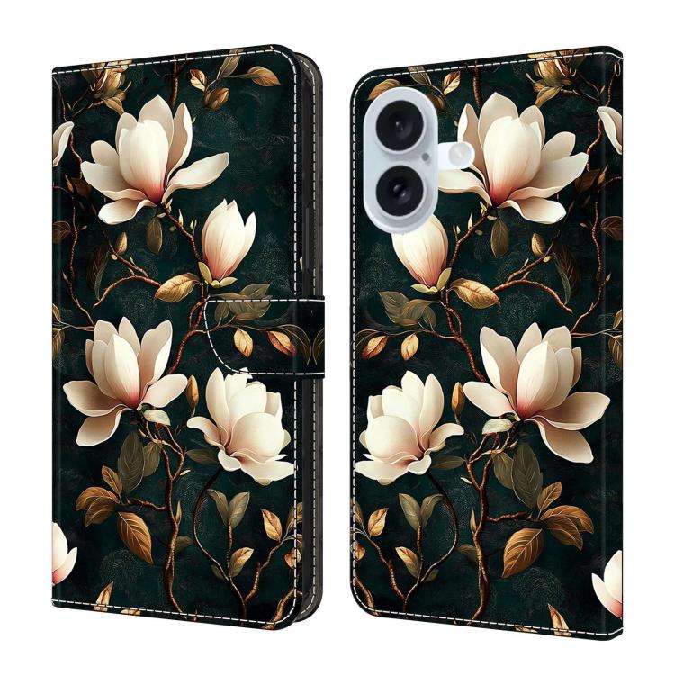 For iPhone 16 Crystal-Like Painted Vegan Leather Phone Case(Magnolia)