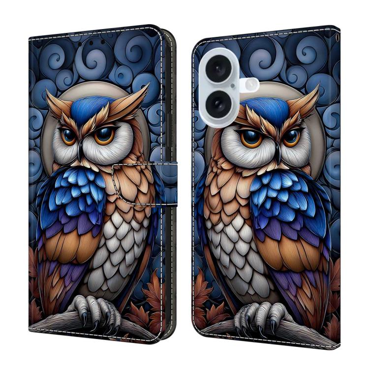 For iPhone 16 Crystal-Like Painted Vegan Leather Phone Case(Owl)