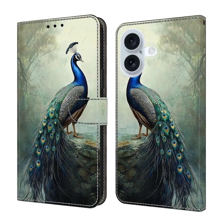For iPhone 16 Crystal-Like Painted Vegan Leather Phone Case(Peacock)
