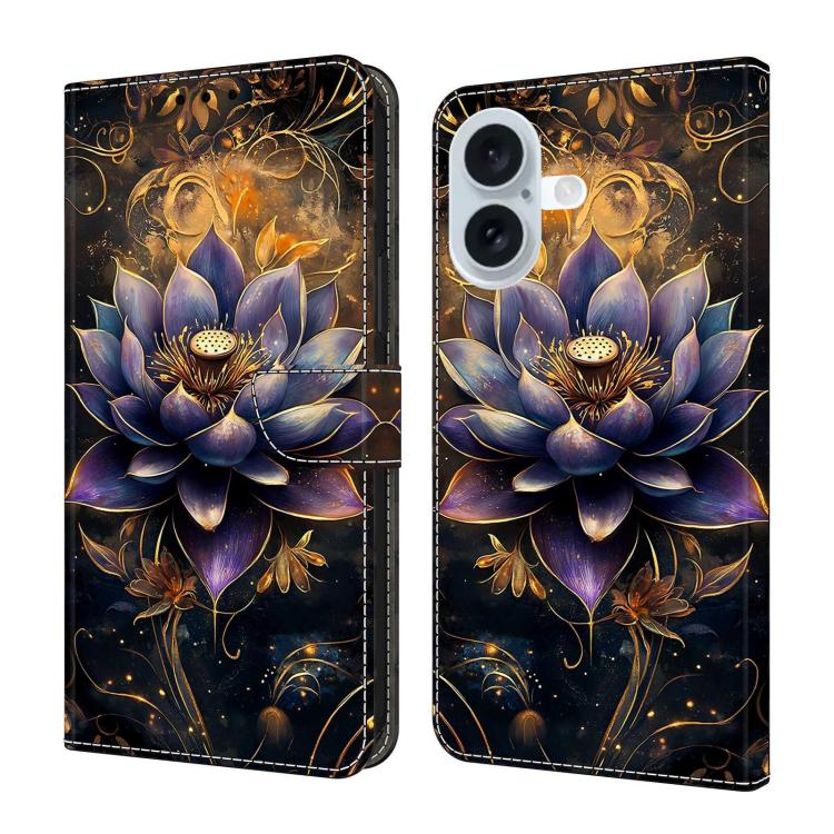 For iPhone 16 Crystal-Like Painted Vegan Leather Phone Case(Purple Lotus Flower)