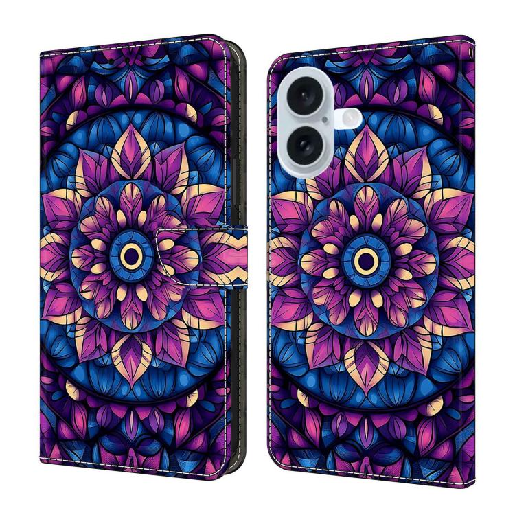 For iPhone 16 Crystal-Like Painted Vegan Leather Phone Case(Purple Tara Flower)