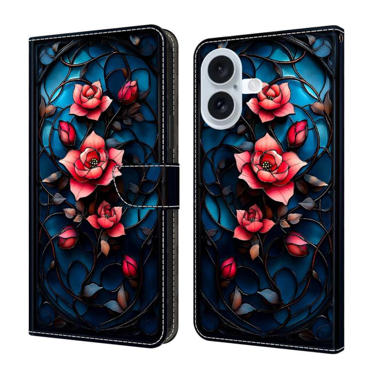 For iPhone 16 Crystal-Like Painted Vegan Leather Phone Case(Red Rose)
