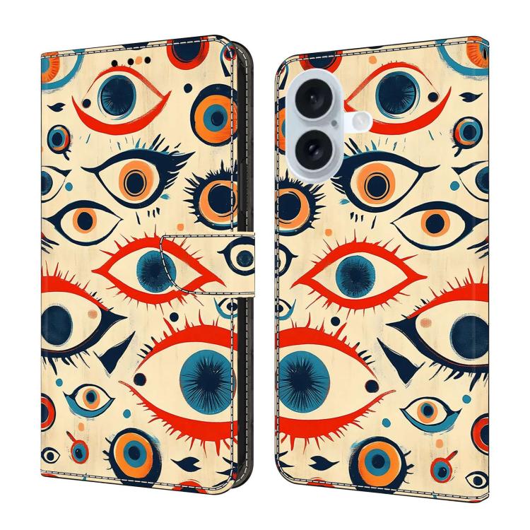 For iPhone 16 Crystal-Like Painted Vegan Leather Phone Case(Retro Eyes)