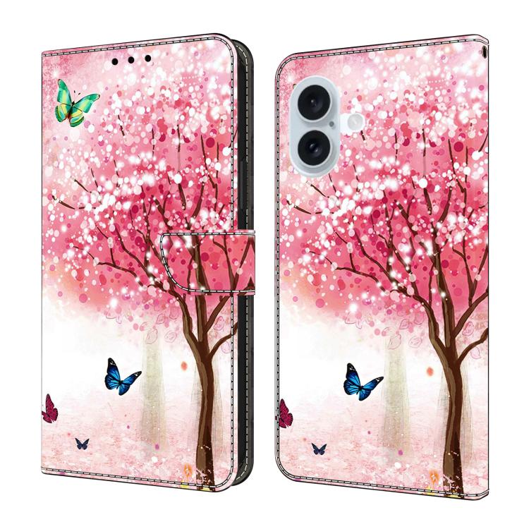 For iPhone 16 Crystal-Like Painted Vegan Leather Phone Case(Sakura Butterfly)