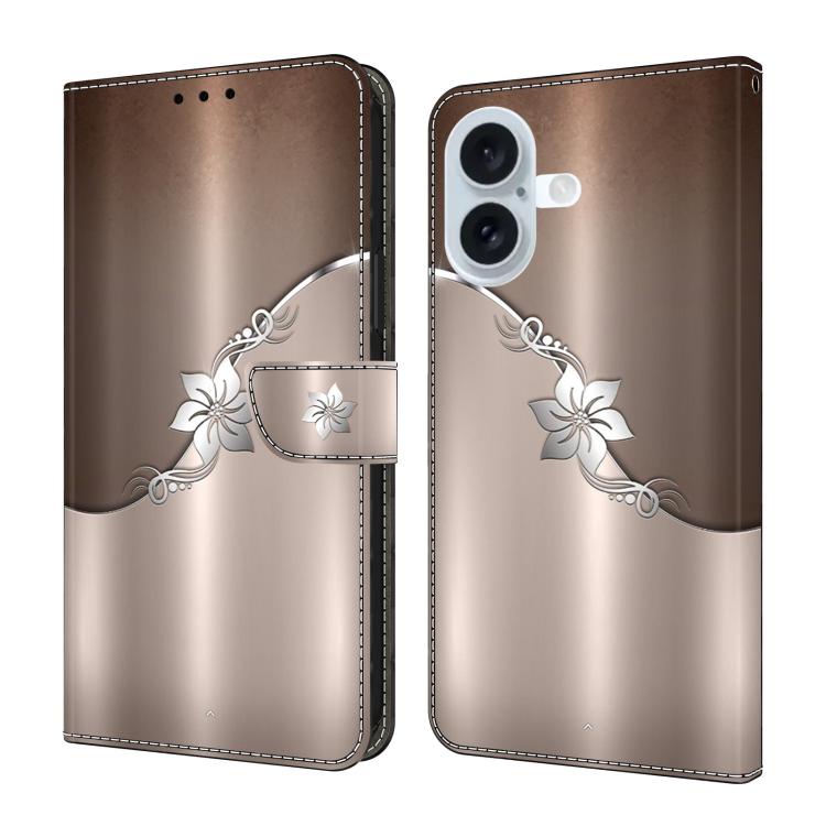 For iPhone 16 Crystal-Like Painted Vegan Leather Phone Case(Silver Flowers)