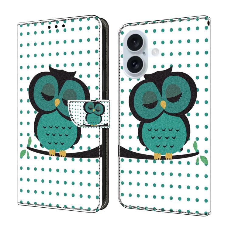 For iPhone 16 Crystal-Like Painted Vegan Leather Phone Case(Sleeping Owl)