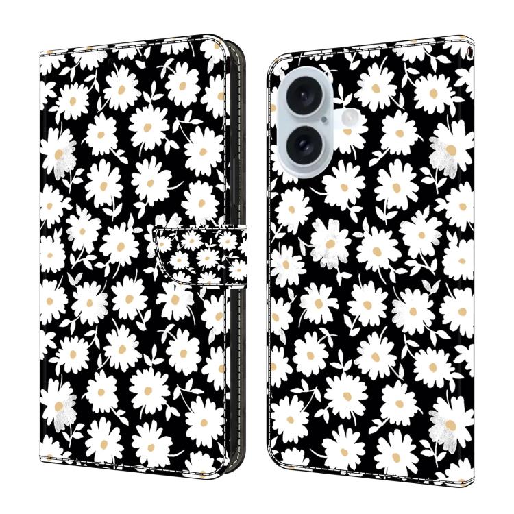 For iPhone 16 Crystal-Like Painted Vegan Leather Phone Case(Small Floral Print)