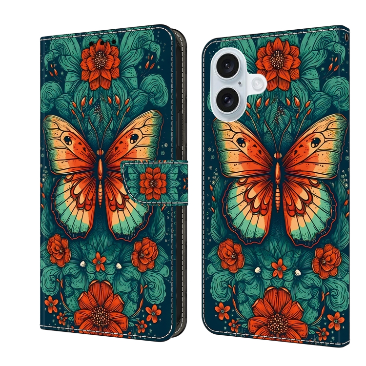 For iPhone 16 Crystal Painted Leather Phone case(Flower Butterfly)