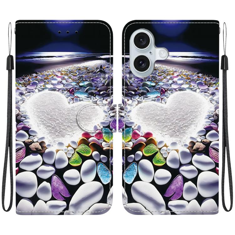 For iPhone 16 Crystal Texture Colored Drawing Leather Phone Case(Heart Shaped)