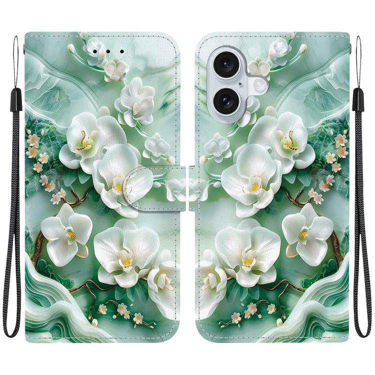 For iPhone 16 Crystal Texture Colored Drawing Leather Phone Case(Jade Flowers)