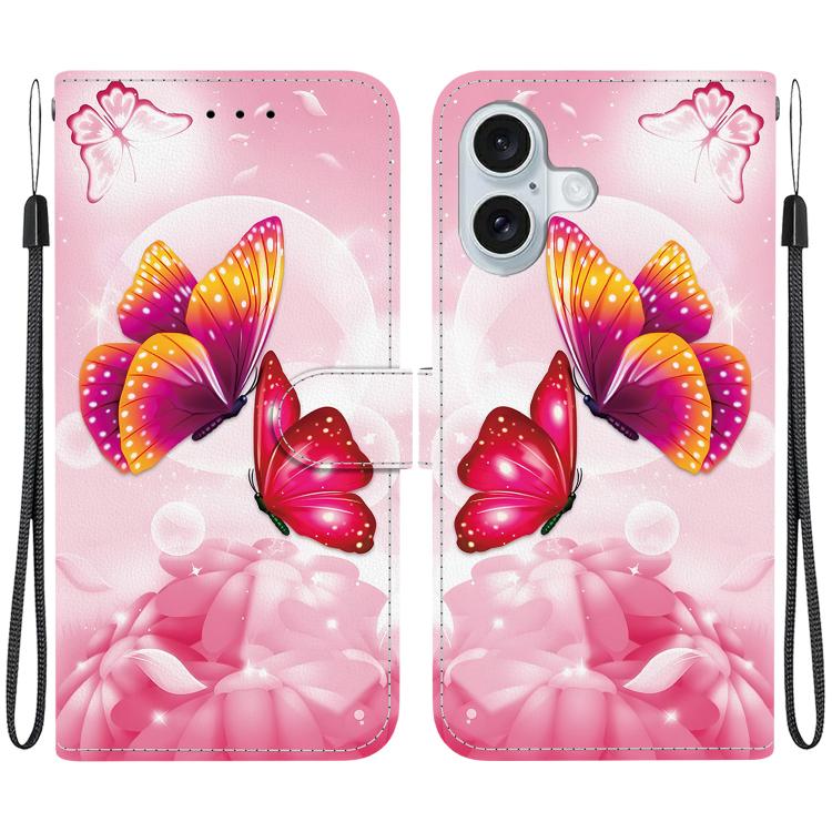 For iPhone 16 Crystal Texture Colored Drawing Leather Phone Case(Pink Butterflies)