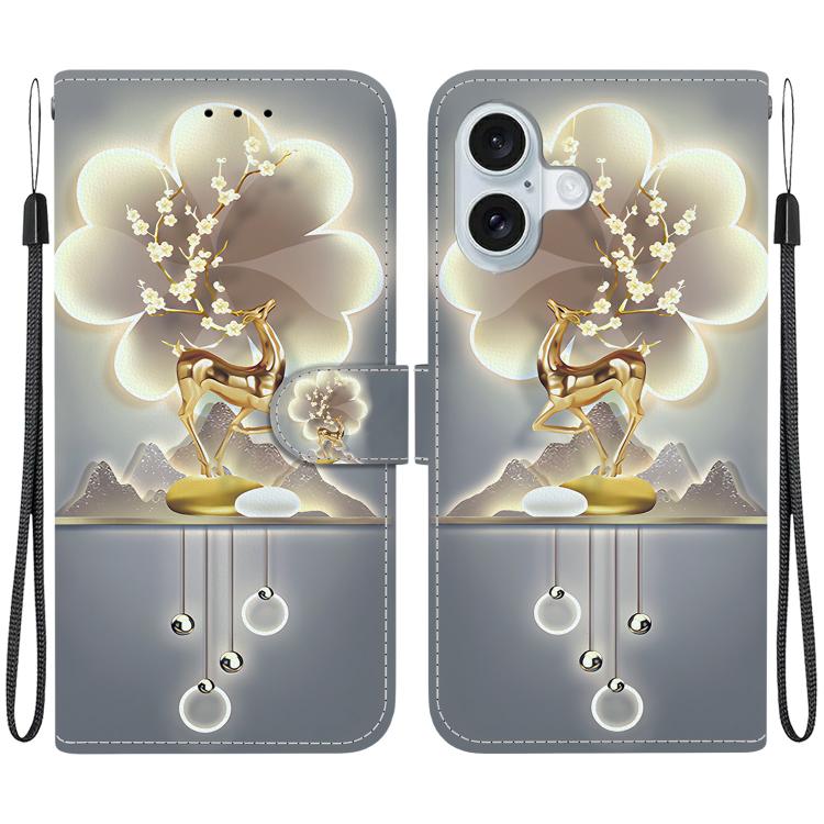 For iPhone 16 Crystal Texture Colored Drawing Leather Phone Case(Sika Deer)