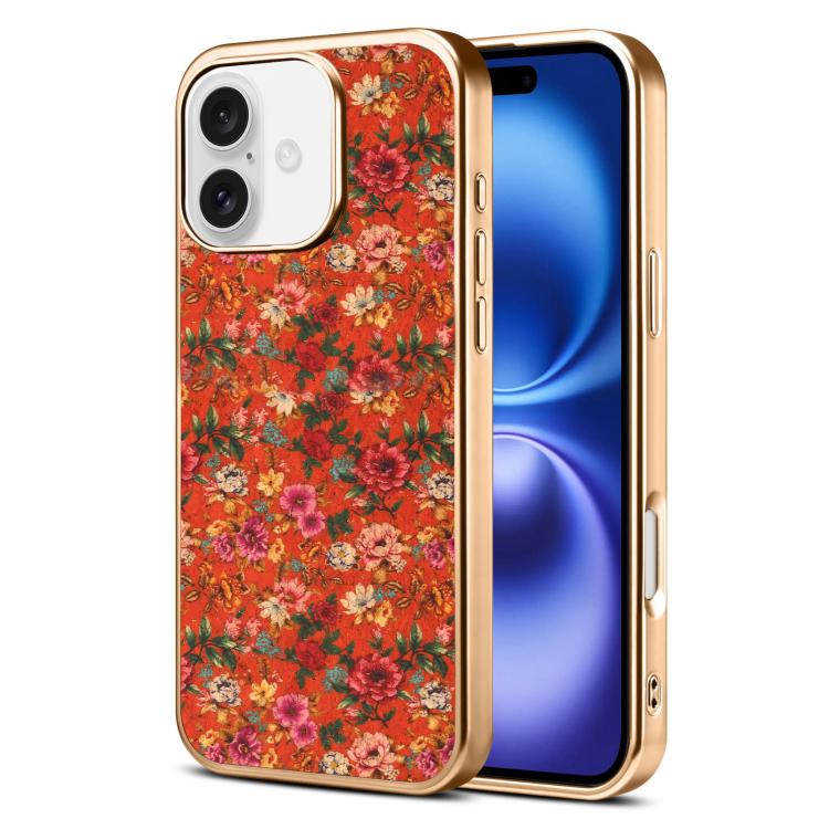 For iPhone 16 Denior Peony Series Electroplated Magnetic Phone Case(Red)