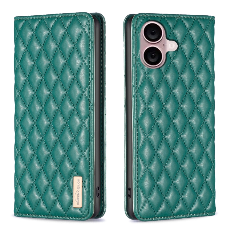 For iPhone 16 Diamond Lattice Magnetic Leather Flip Phone Case(Green)