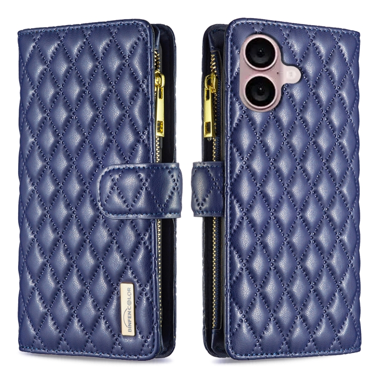 For iPhone 16 Diamond Lattice Zipper Wallet Leather Flip Phone Case(Blue)