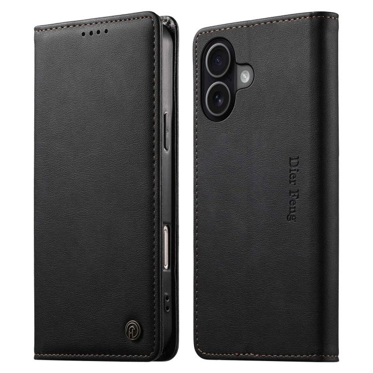 For iPhone 16 Dierfeng Metal Snap Magnetic RFID Vegan Leather Phone Case(Black)