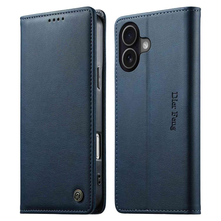 For iPhone 16 Dierfeng Metal Snap Magnetic RFID Vegan Leather Phone Case(Blue)