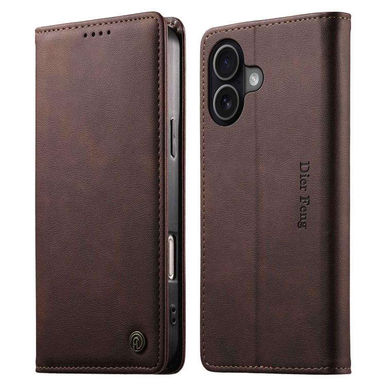 For iPhone 16 Dierfeng Metal Snap Magnetic RFID Vegan Leather Phone Case(Dark Brown)