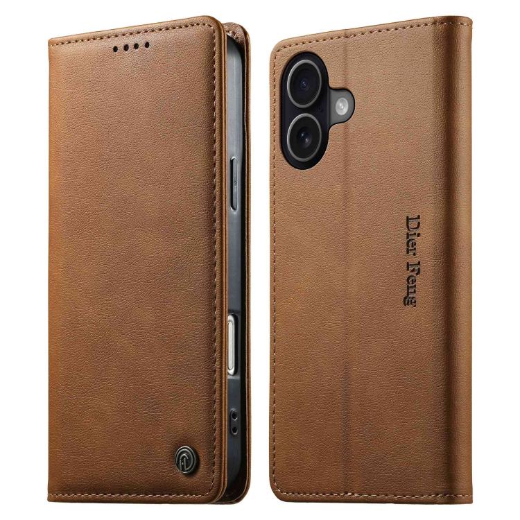 For iPhone 16 Dierfeng Metal Snap Magnetic RFID Vegan Leather Phone Case(Light Brown)