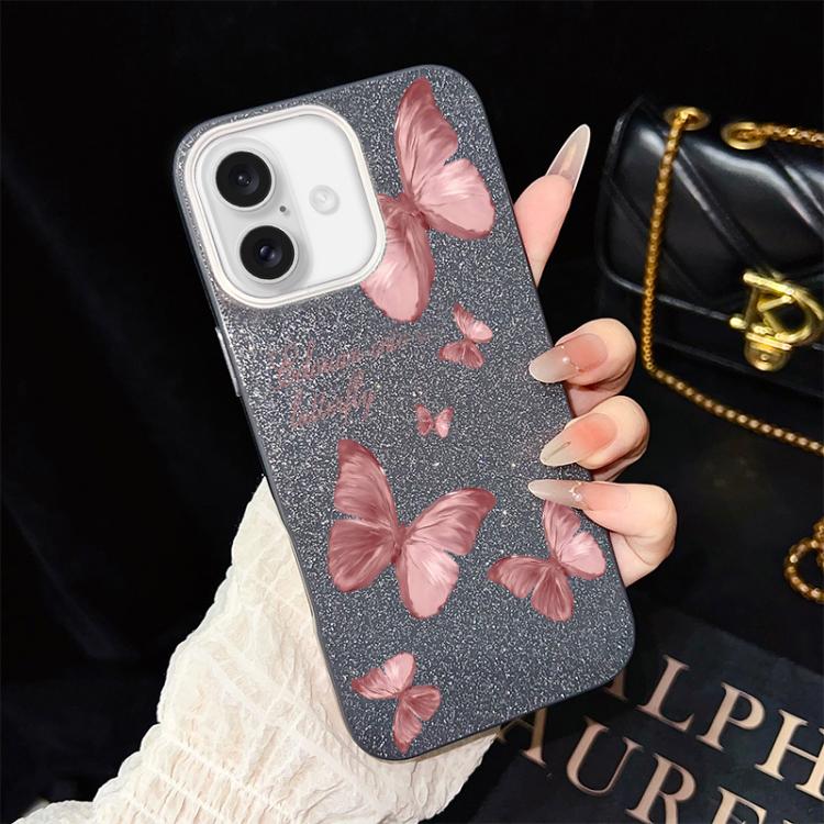 For iPhone 16 Dreamy Butterflies Pattern IMD Glitter PC Hybrid TPU Phone Case(Black)