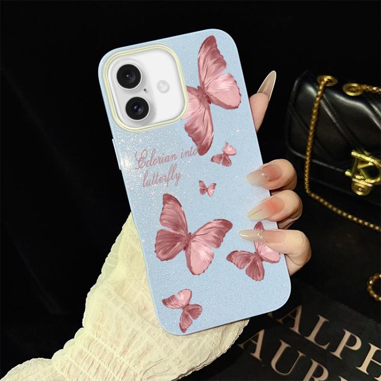 For iPhone 16 Dreamy Butterflies Pattern IMD Glitter PC Hybrid TPU Phone Case(Blue)